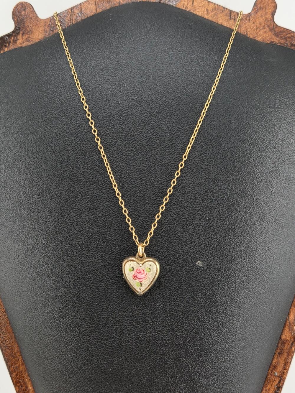 Vintage La Mode 12K Gold Filled Guilloche Enamel Rose Heart Locket Necklace